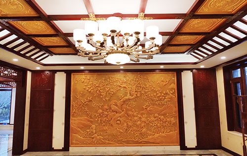 三亚中式别墅客厅中式木作横梁吊顶装饰展示
